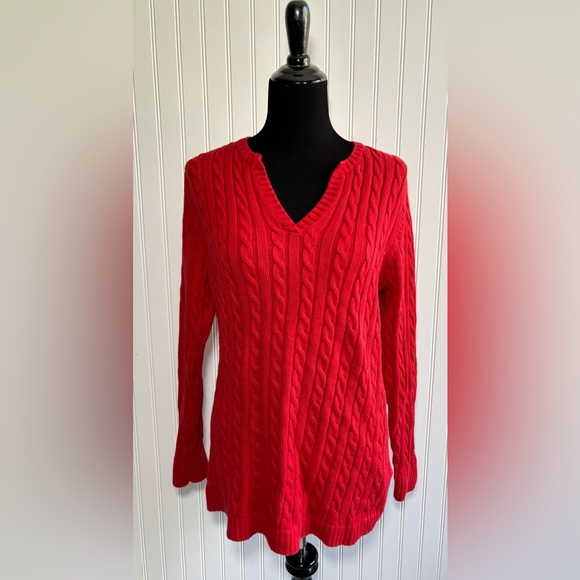 LL Bean Red Cable Knit Sweater Women’s Size Large V Neck Cotton - Picture 1 of 13